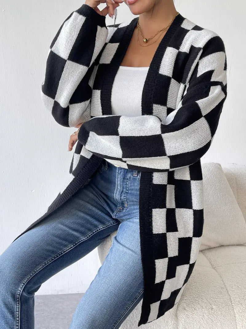 Crossmark Checkered Knit Cardigan