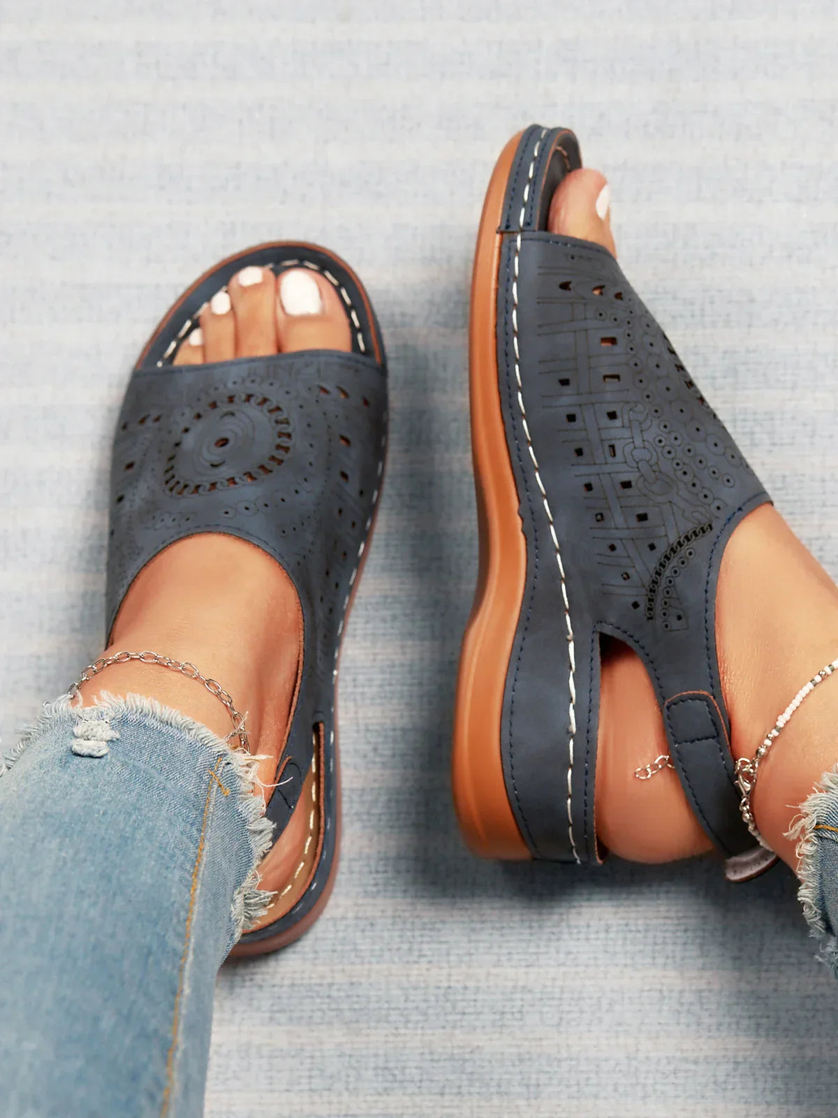 Avencea | Retro Sandal with Ethnic Pattern, Cutout and Hollow Design, Velcro Closure