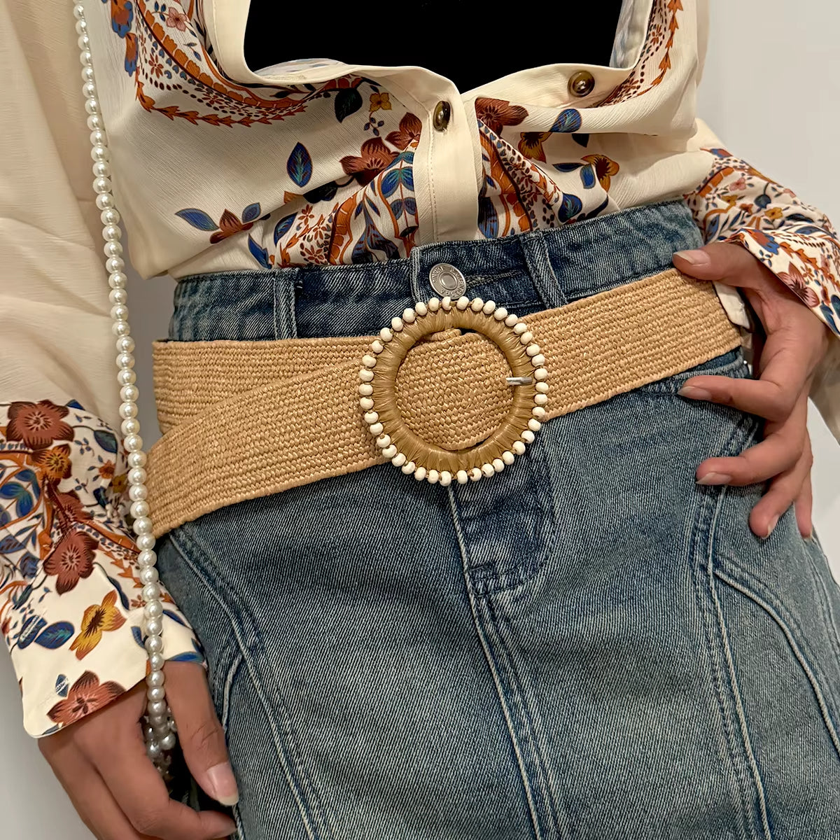Sand & Pearl Woven Raffia Belt