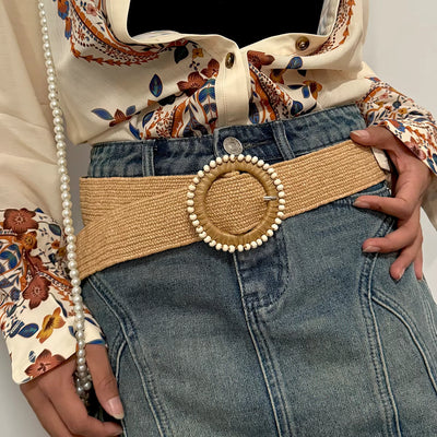 Sand & Pearl Woven Raffia Belt