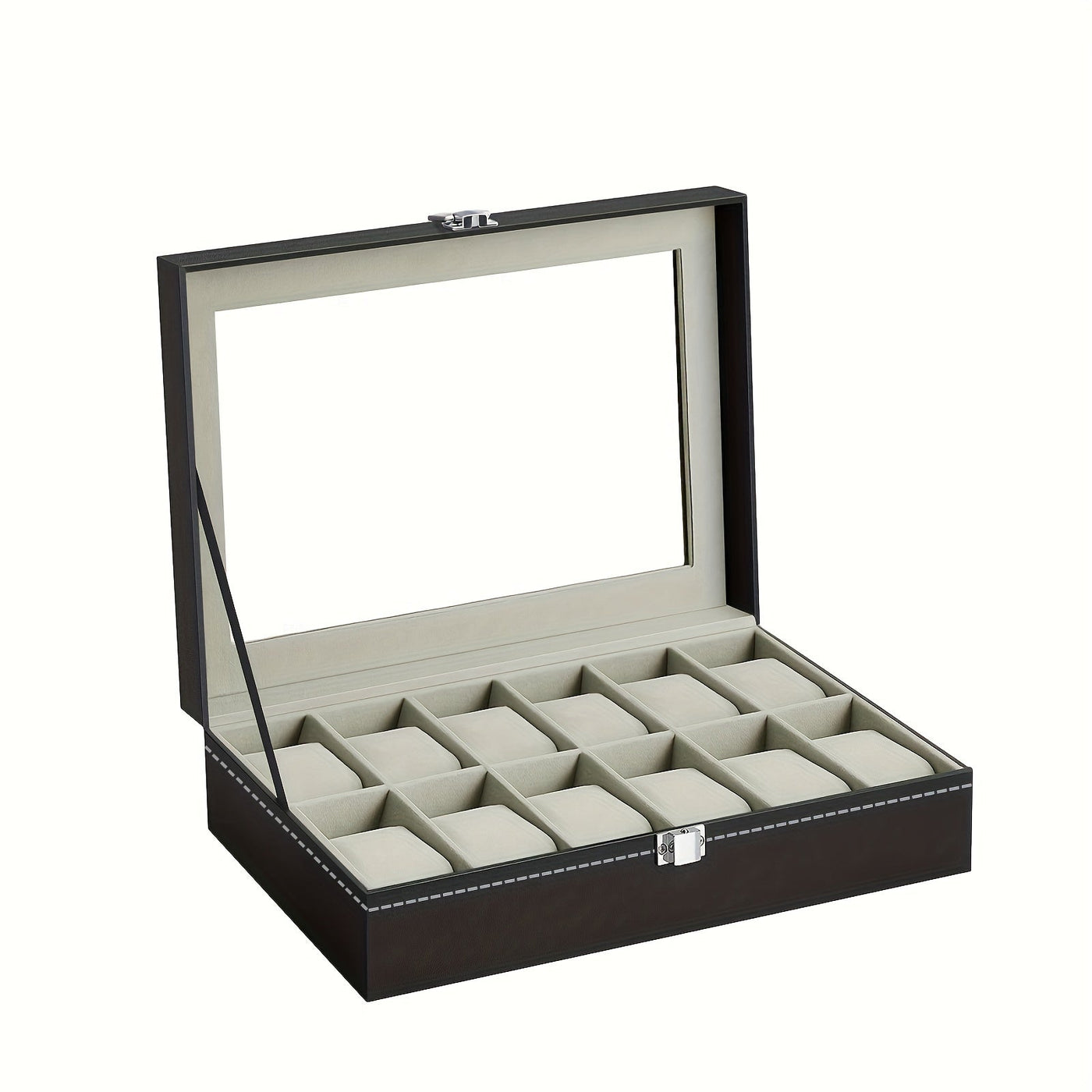 12 Slot Gray Watch Storage Box, Transparent Watch Box, PU Leather Wrapped, Ideal Choice for Gifts