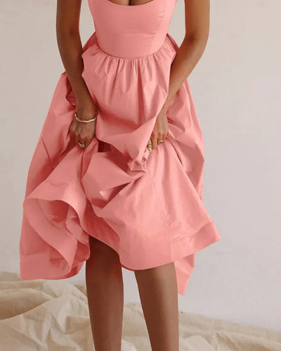 Avencea | Solid V-neck Pleated Waist Dress with a Touch of Luxury and Elegance