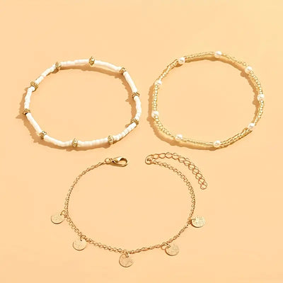 Coastal Charm 3-Piece Layered Anklet Set | Gold 18k