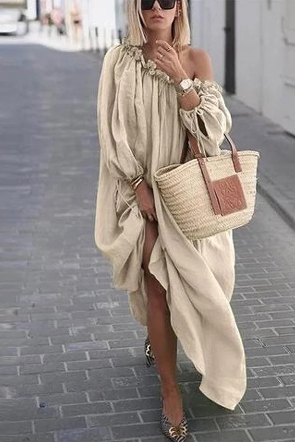 Avencea - Casual Solid Color Loose Dress with One Shoulder Design