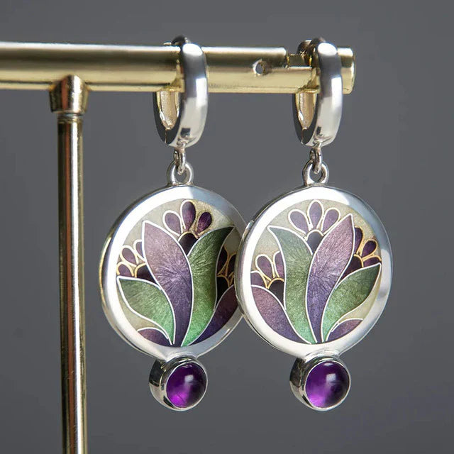 Vintage Boho Earrings with Purple Crystals | White Gold 16k