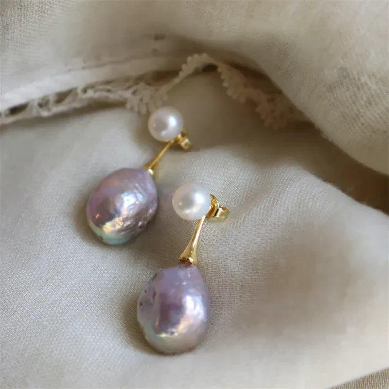 Exquisite Lilac Pearl Earrings | Gold 16k