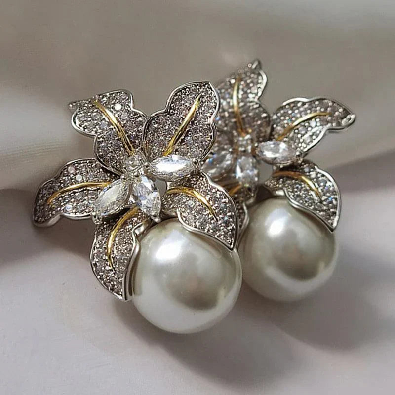 Exquisite Flower Pearl Earrings | White Gold 14k