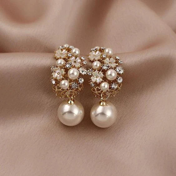 Elegant Flower Pearl Earrings | Gold 14k