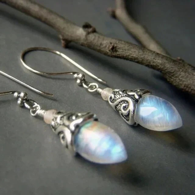 Antique Moonstone Drop Earrings | White Gold 16k