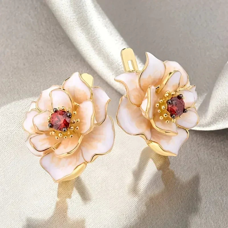 White Flower Red Zirconia Earrings | Gold 16k