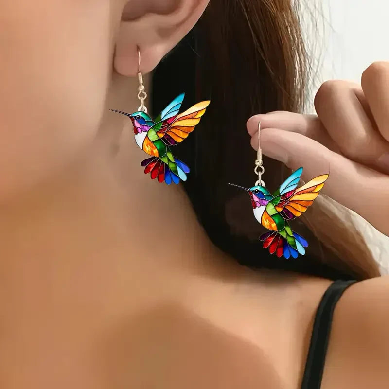Colorful Hummingbird Earrings | White Gold 16k
