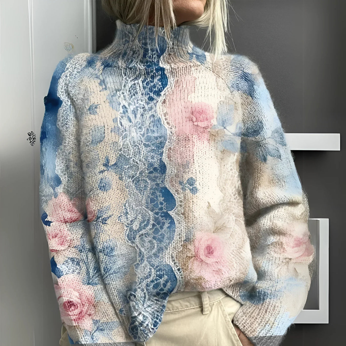 Lucienne™ | Knit Turtleneck Sweater with Floral Lace
