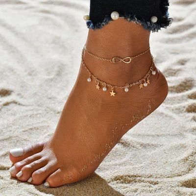 Infinity Anklet Bracelet + Pearls and Stars | White Gold 16k