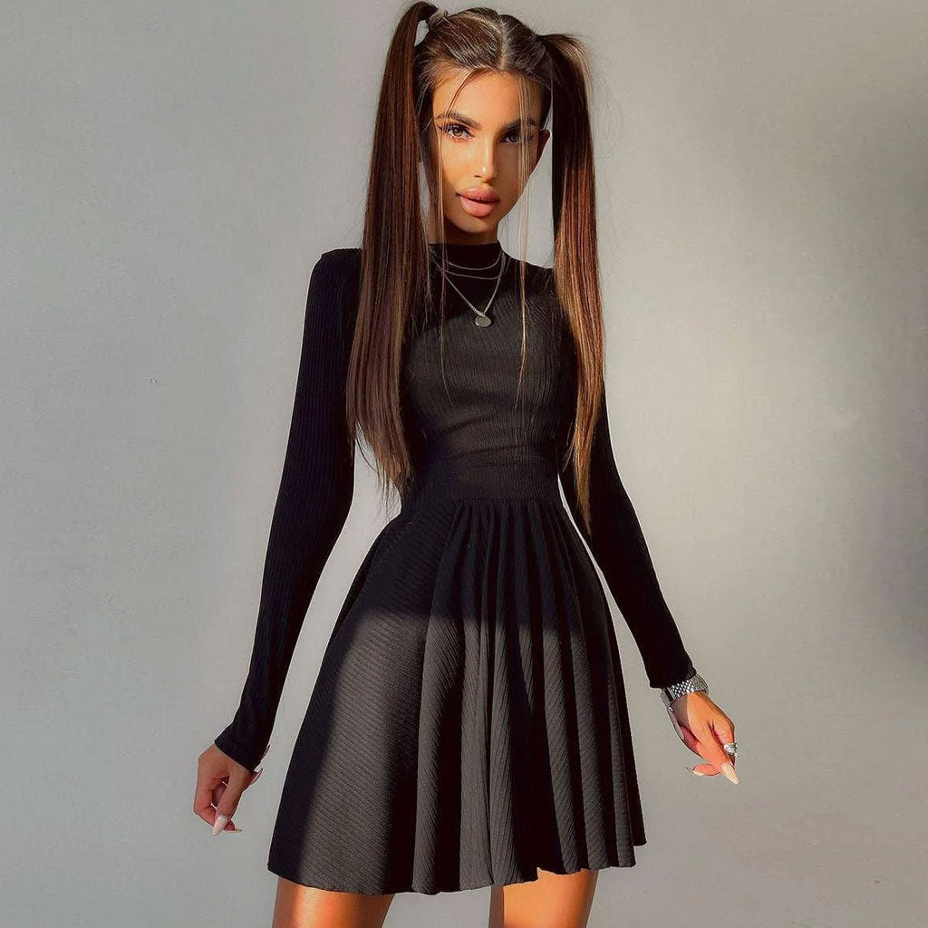 Avencea Pleated Skater Dress with Long Sleeves in Classic Black