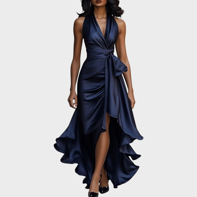 Lina | Midnight elegant satin dress with halter neck and ruffles