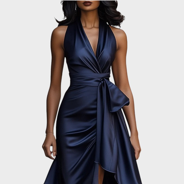Lina | Midnight elegant satin dress with halter neck and ruffles