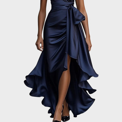 Lina | Midnight elegant satin dress with halter neck and ruffles