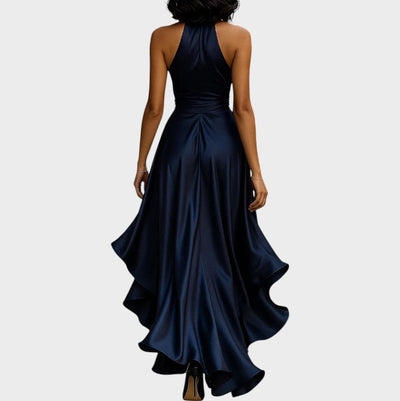 Lina | Midnight elegant satin dress with halter neck and ruffles