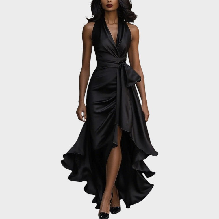Lina | Midnight elegant satin dress with halter neck and ruffles